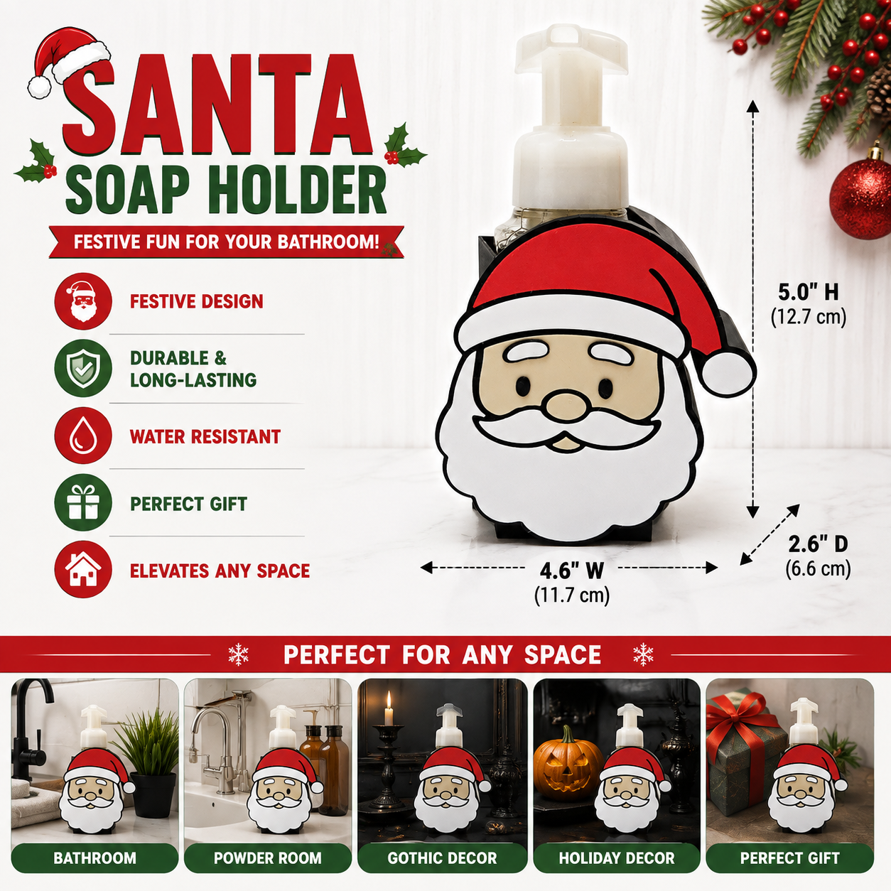Santa Foaming Soap Holder – 3D Printed Classic Santa Face Christmas Decor – BBW Compatible