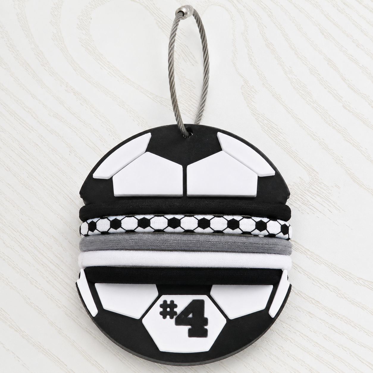 black-white-3d-printed-soccer-ball-personalized-jersey-number-hair-tie-bag-tag-stainless-cable-ring-sports-backpack