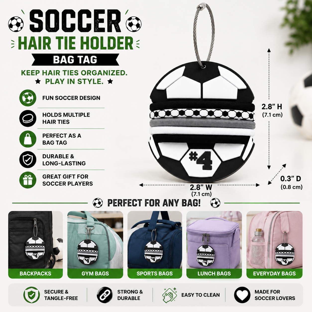 Soccer Ball Hair Tie Bag Tag – 3D Printed Personalized Jersey Number Sports Accessory