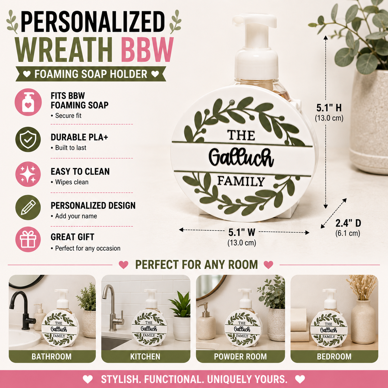 Personalized Family Wreath Foaming Soap Holder – 3D Printed White Botanical Wreath with Custom Family Name – Bath and Body Works Foaming Soap Dispenser Stand – Farmhouse Housewarming Kitchen Bathroom Decor – Wedding Anniversary Gift