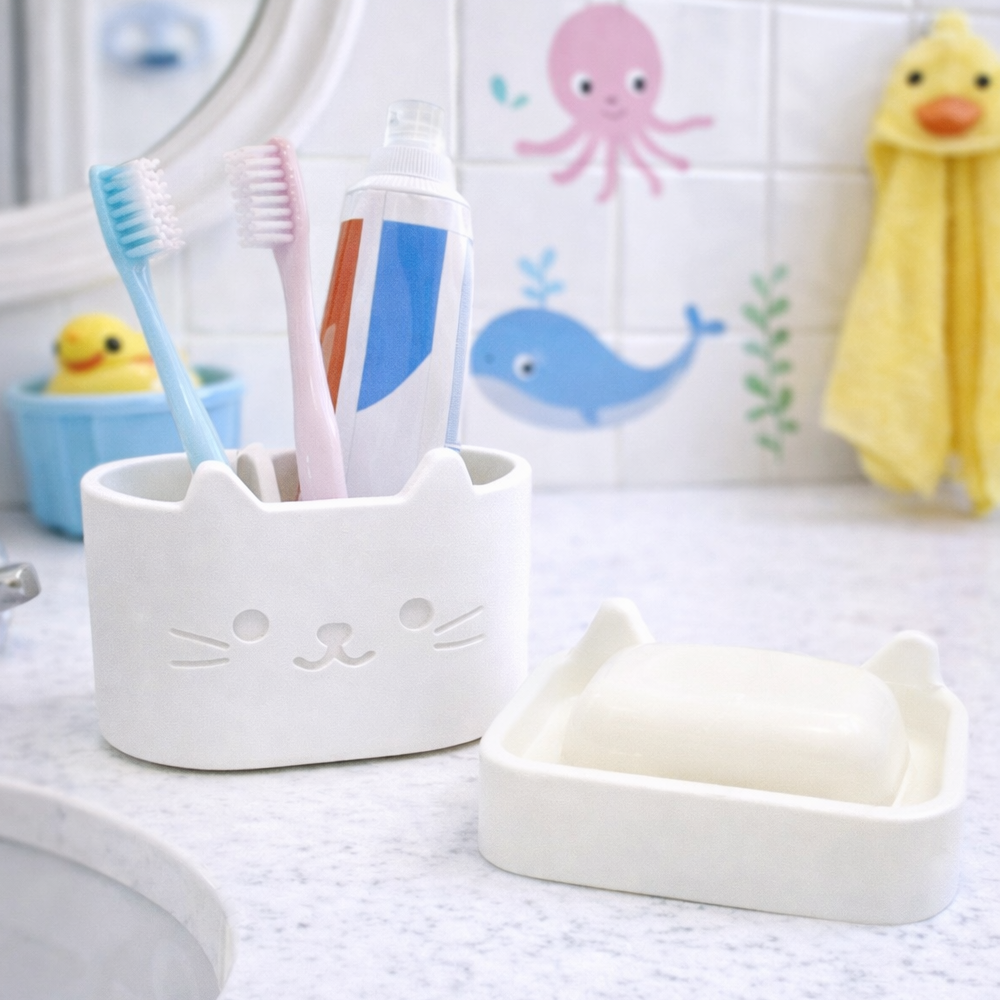 white-cat-soap-holder-and-toothbrush-organizer-set-cute-kitty-bathroom-decor-for-kids-and-cat-lovers