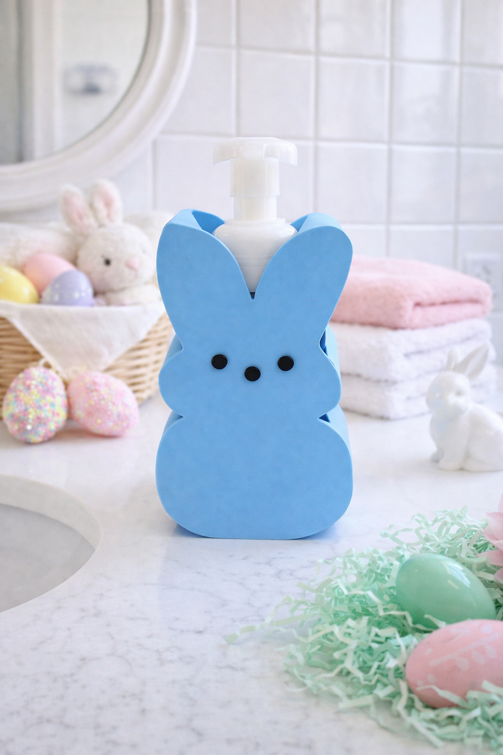 bunny-foaming-soap-holder-easter-bathroom-countertop-3d-printed-rabbit-soap-stand-blue-spring-sink-decor