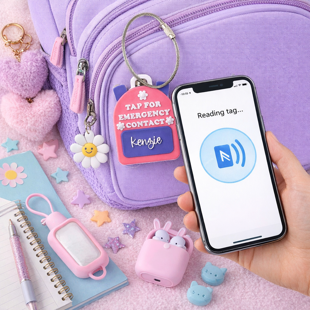 Personalized NFC Emergency Contact Backpack Tag for Kids & School Bags - interior view showing compartments