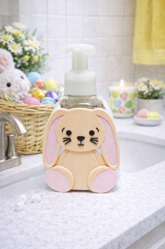 Easter bunny foaming soap holder in pastel colors sitting on bathroom sink holding foaming hand soap bottle spring seasonal decor