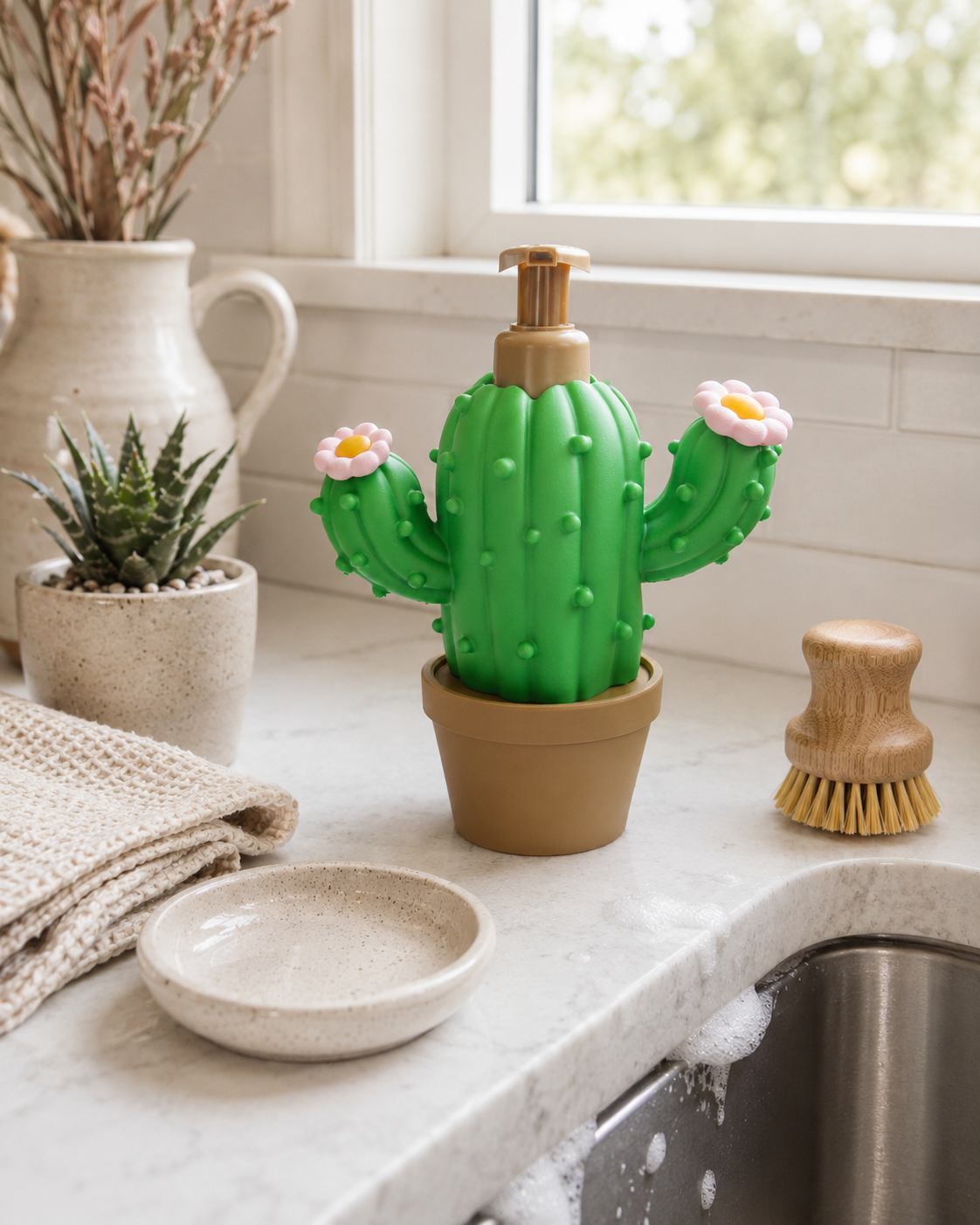 Cactus Foaming Soap Holder for Bath and Body Works - Desert Plant Counter Decor - side angle showing product shape