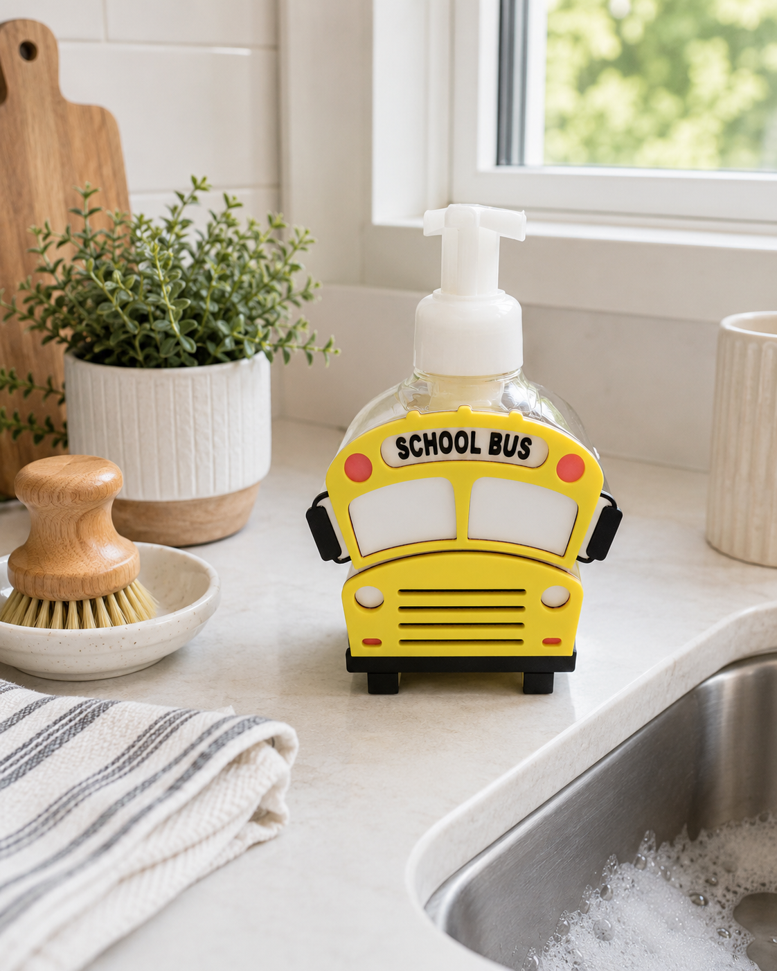 School Bus Foaming Soap Holder for Bath and Body Works - Classroom Sink Decor - side angle showing product shape