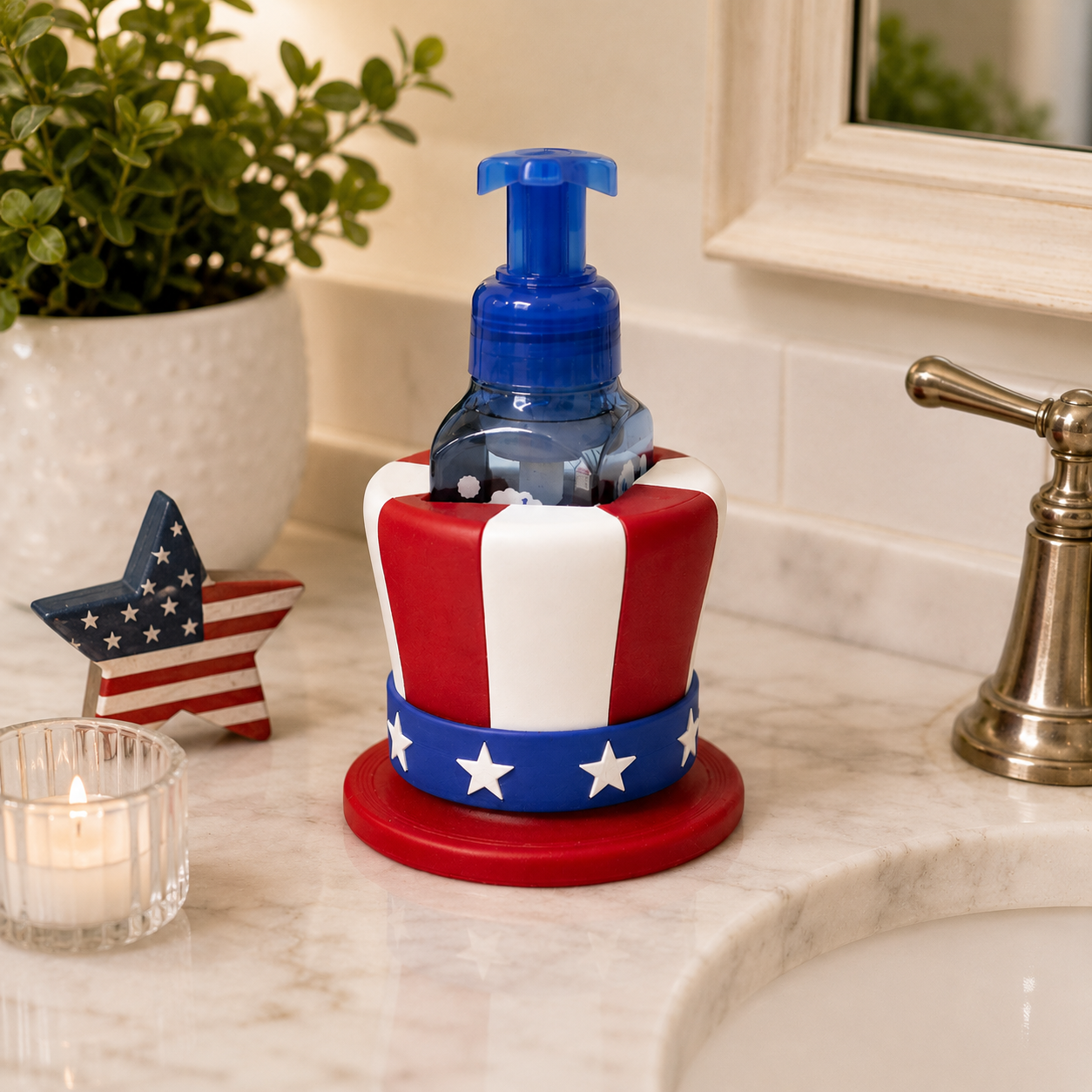 4th of July Uncle Sam Hat Foaming Soap Holder displayed on countertop