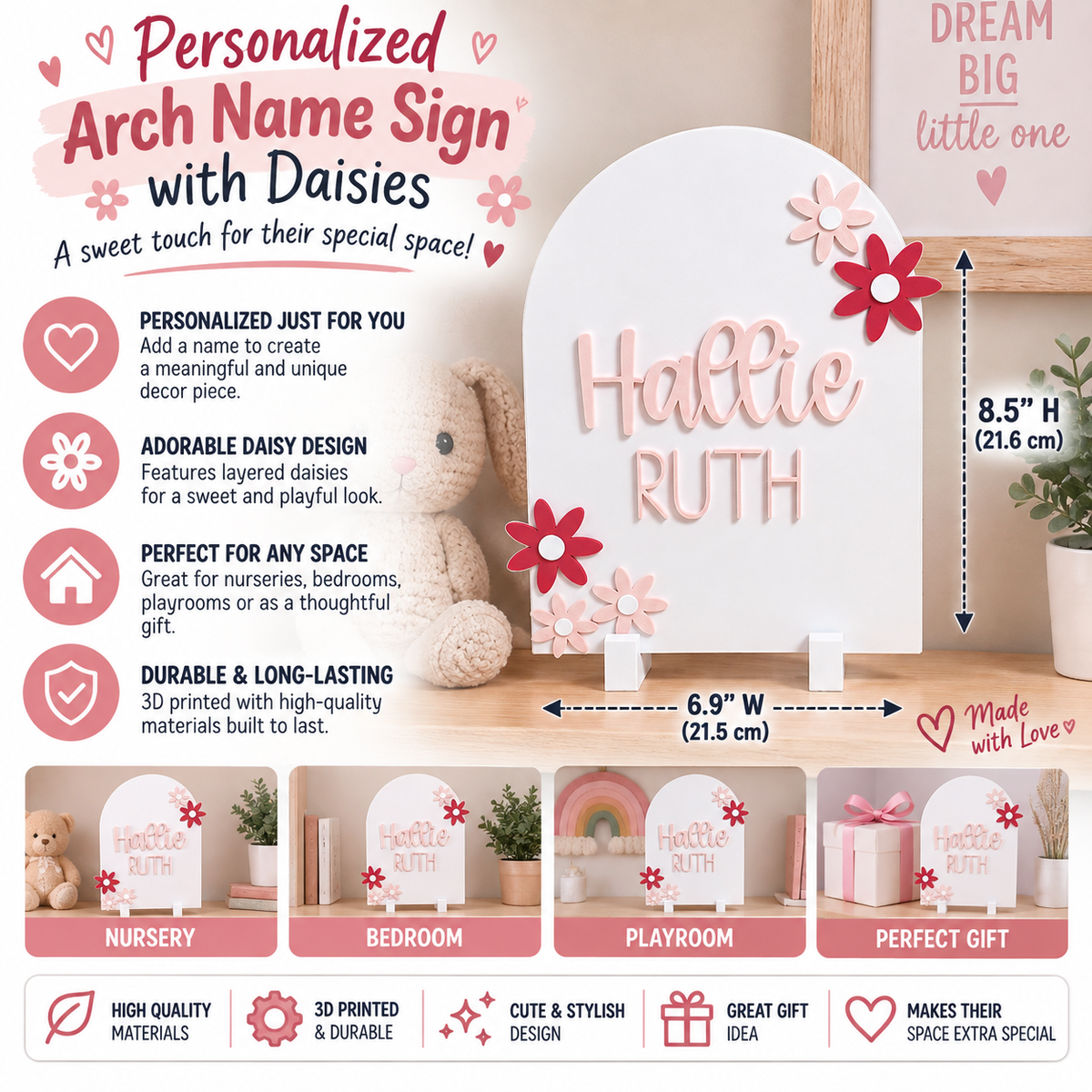 Personalized Arch Name Sign with Daisies — Custom Nursery Decor with Display Stand