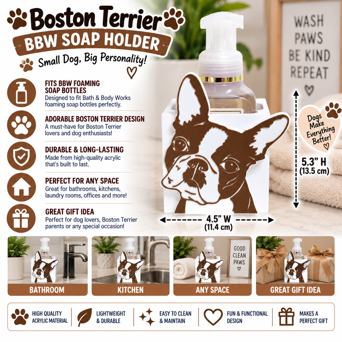 Boston Terrier Foaming Soap Holder — Dog Breed Bathroom Decor for BBW Bottles