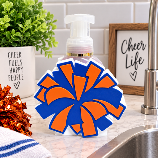 Blue and orange cheer pom pom shaped foaming soap bottle holder for bathroom decor