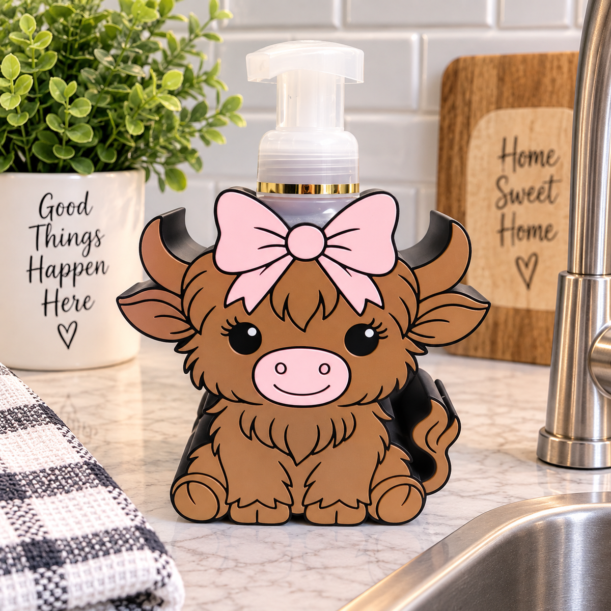 Cute Highland Cow Foaming Soap Holder with Bow — Farmhouse Bathroom Decor for BBW Bottles
