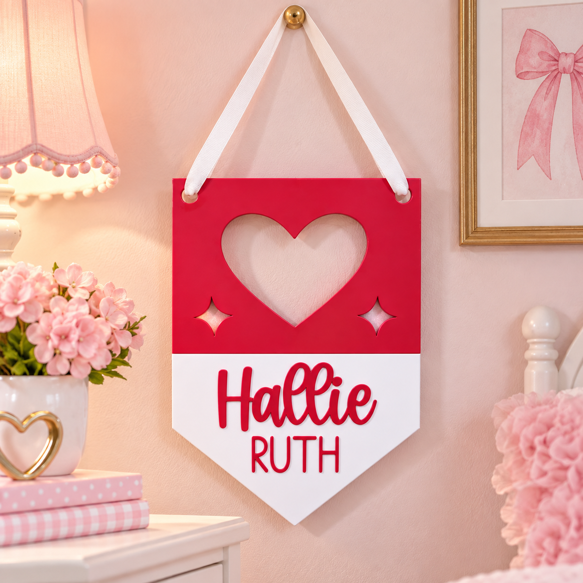 Personalized red and white heart cutout name pendant with ribbon, name