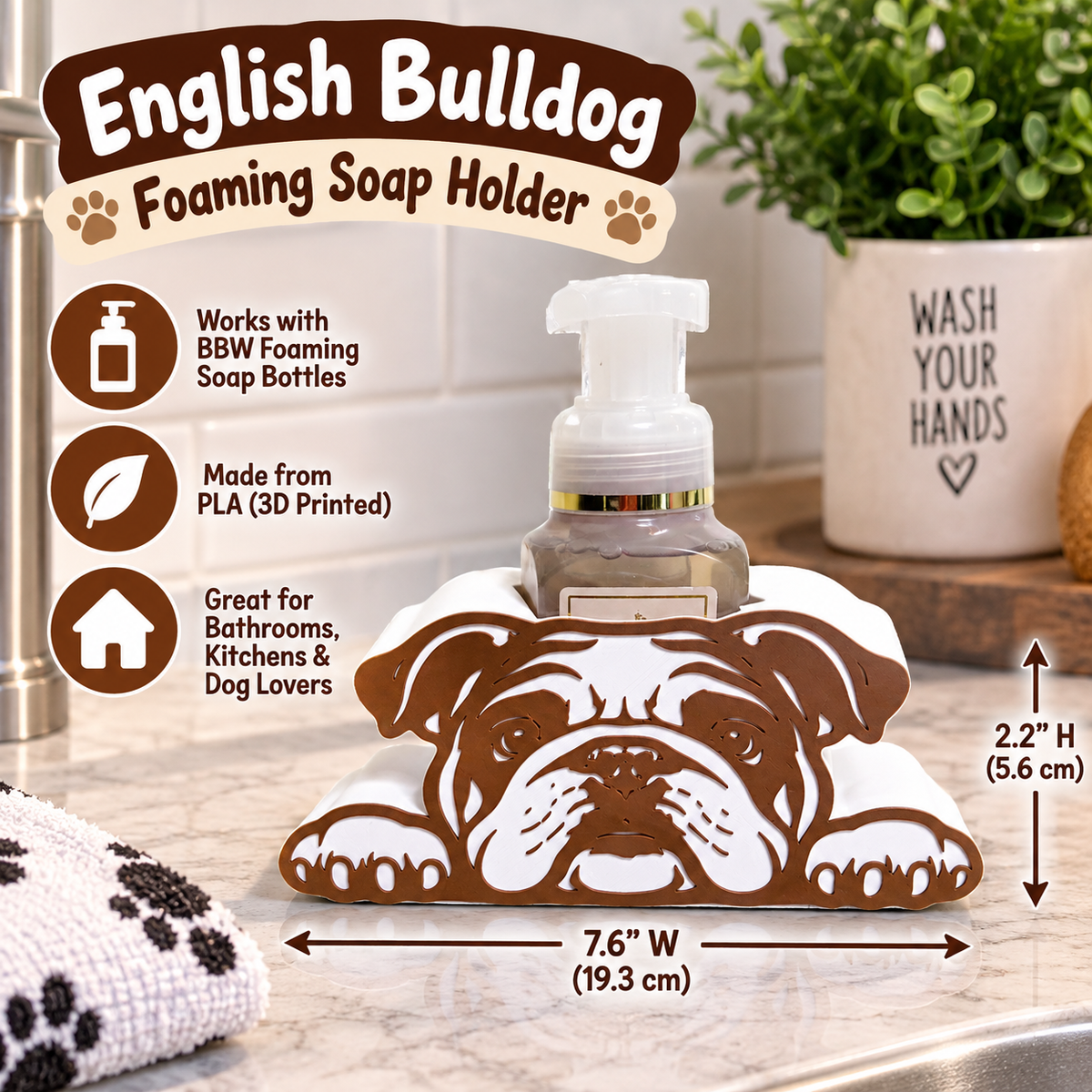 English Bulldog Foaming Soap Holder — Dog Breed Bathroom Decor for BBW Bottles