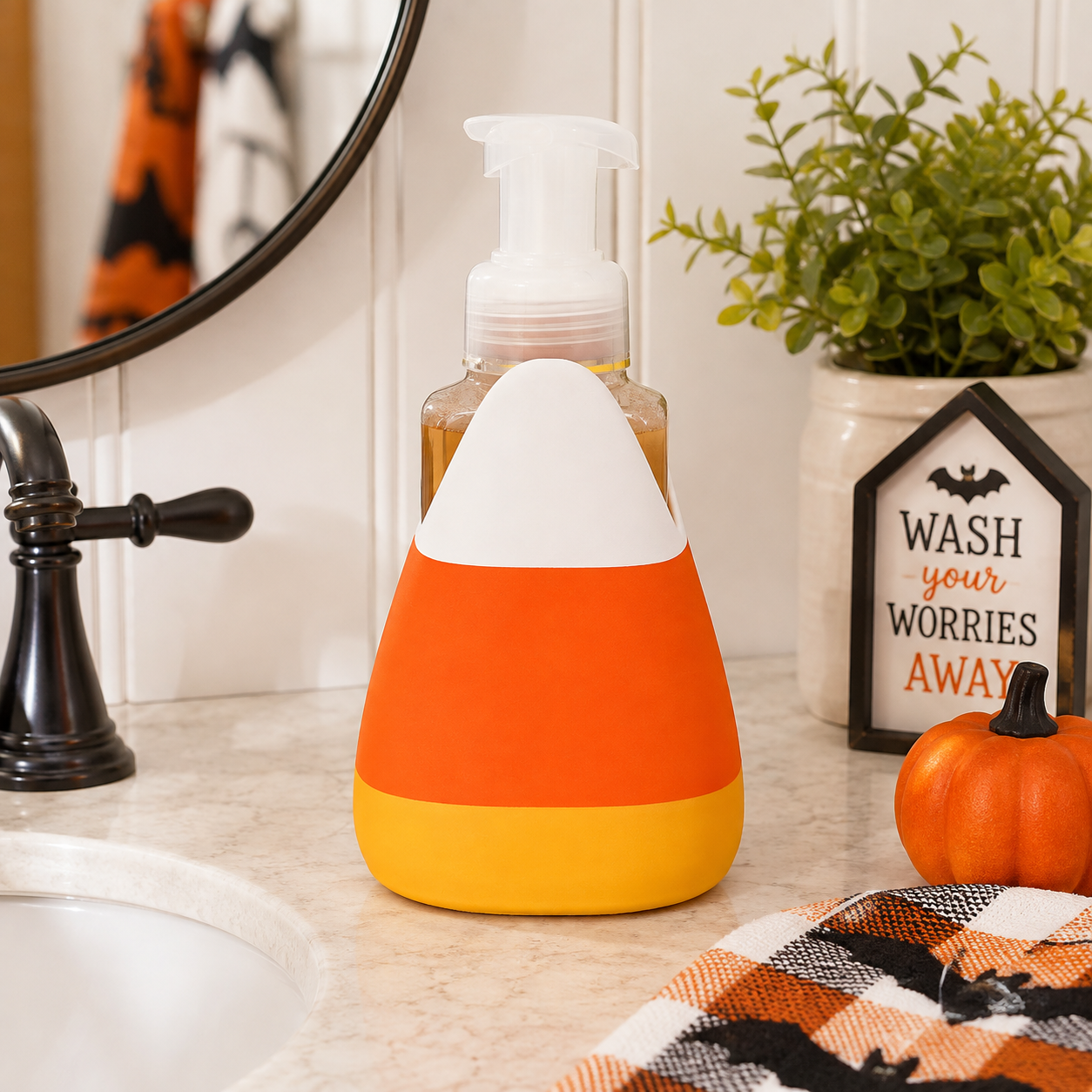 Candy Corn Foaming Soap Holder — Halloween & Fall Bathroom Decor for BBW Bottles