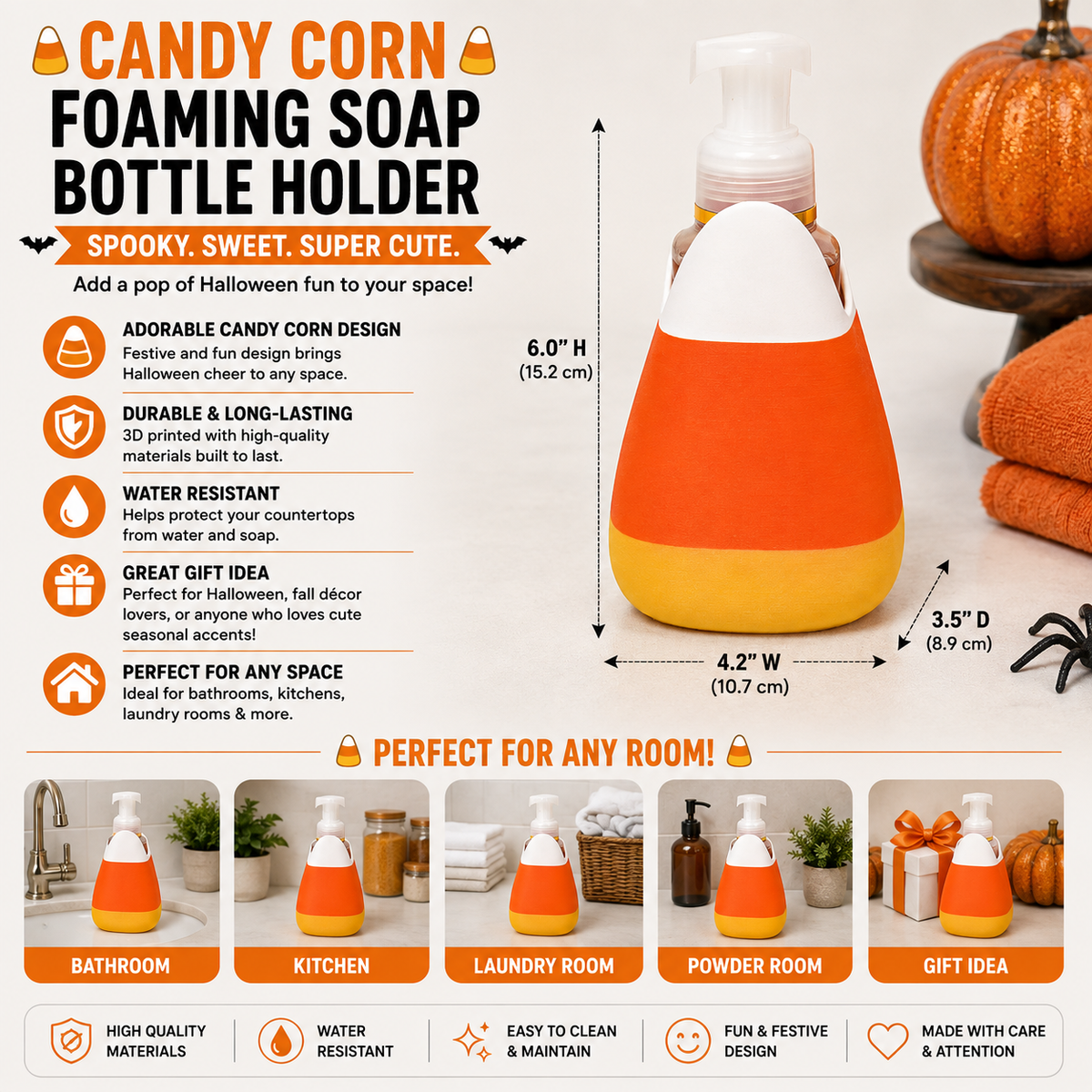 Candy Corn Foaming Soap Holder — Halloween & Fall Bathroom Decor for BBW Bottles