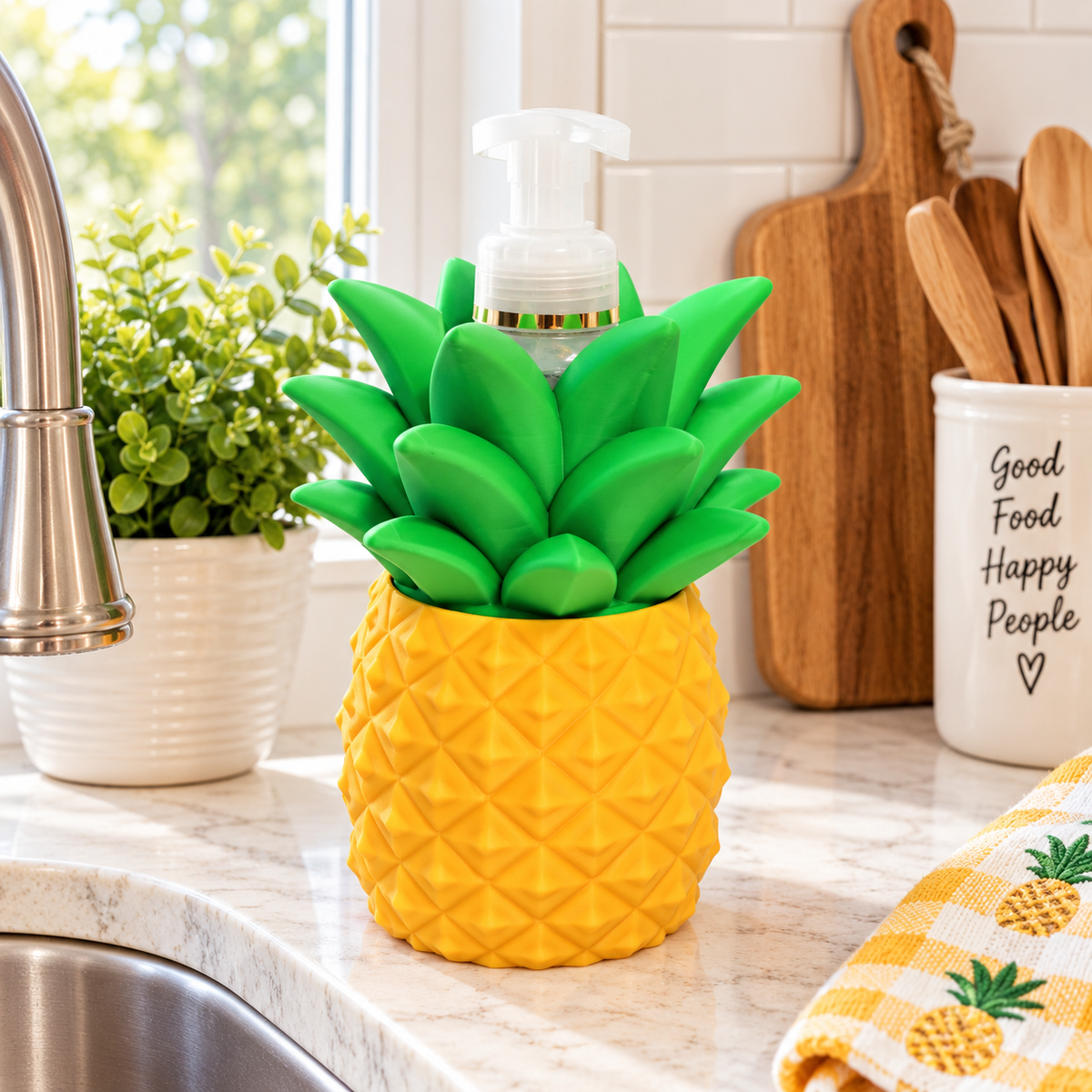 Pineapple Foaming Soap Bottle Holder – Cute 3D Printed Gold Pineapple with Diamond Texture and Green Leaf Crown – Bath and Body Works Foaming Soap Dispenser Stand – Tropical Beach Summer Bathroom Kitchen Counter Decor – Pineapple Lover Coastal Gift