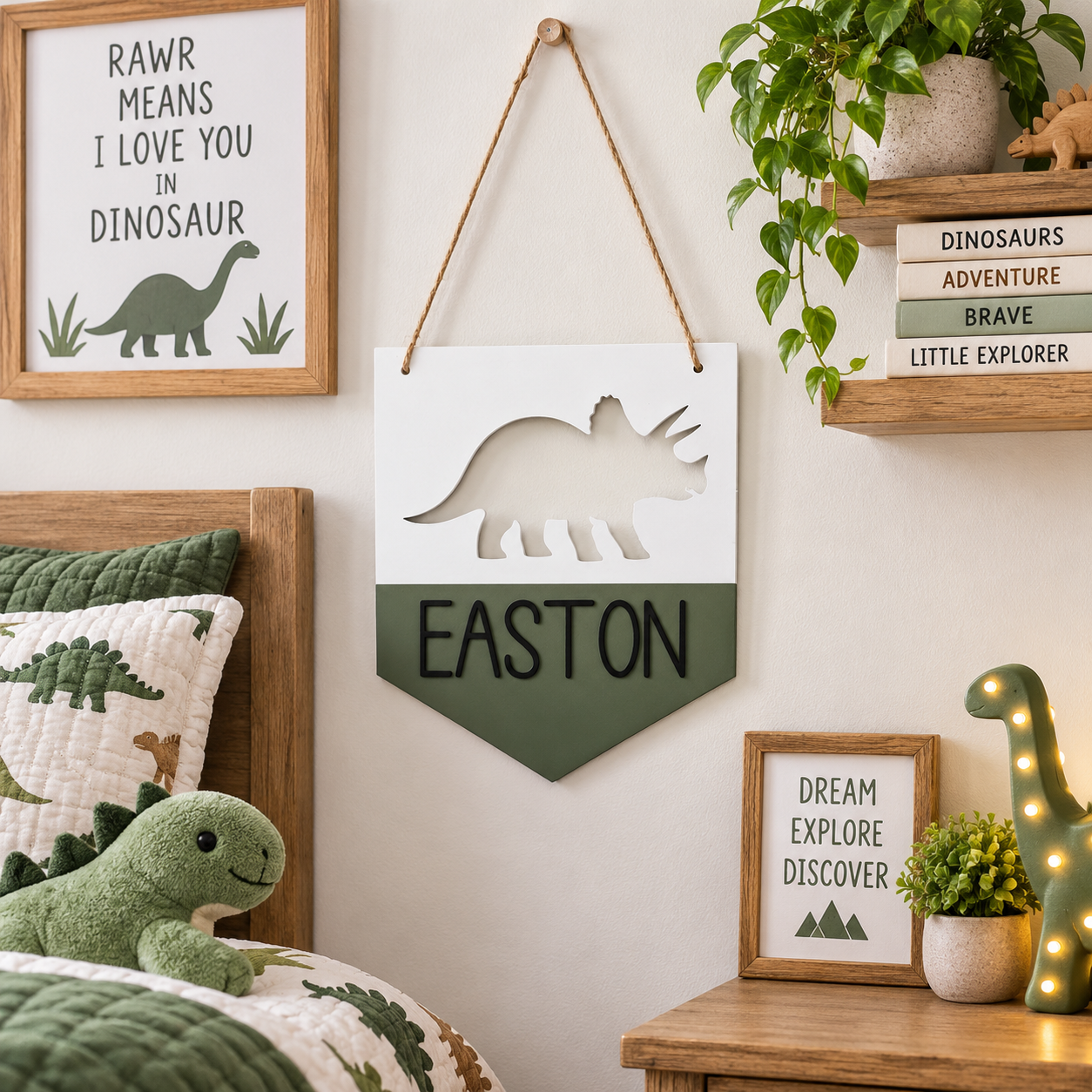 Personalized white and green dinosaur name pendant with triceratops silhouette cutout