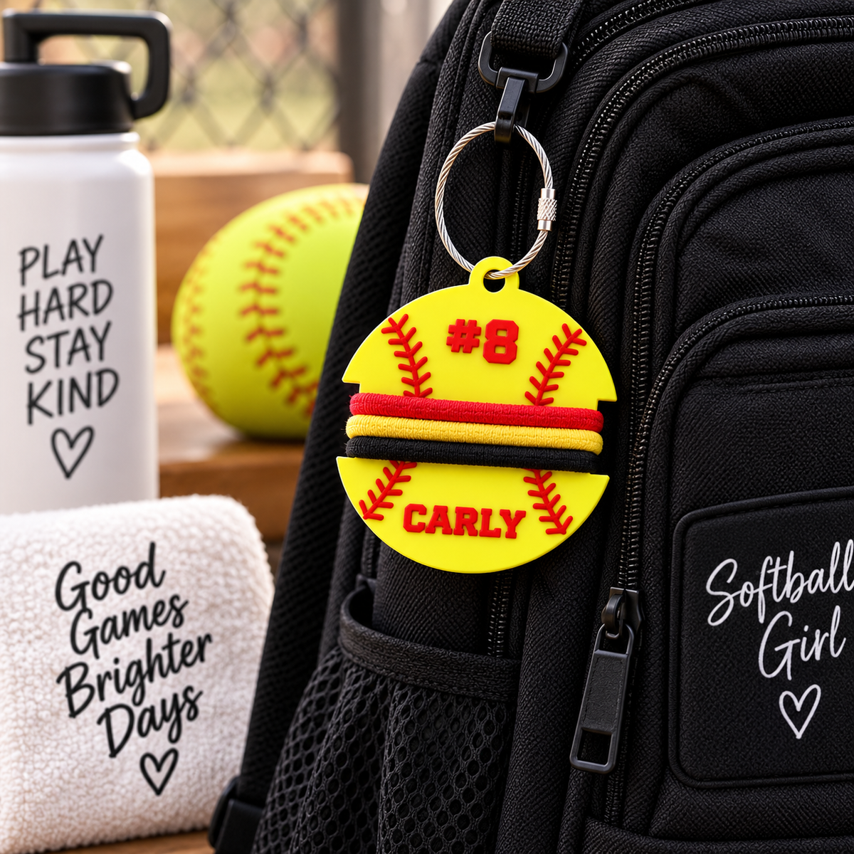 Personalized yellow softball bag tag with hair tie holder, name