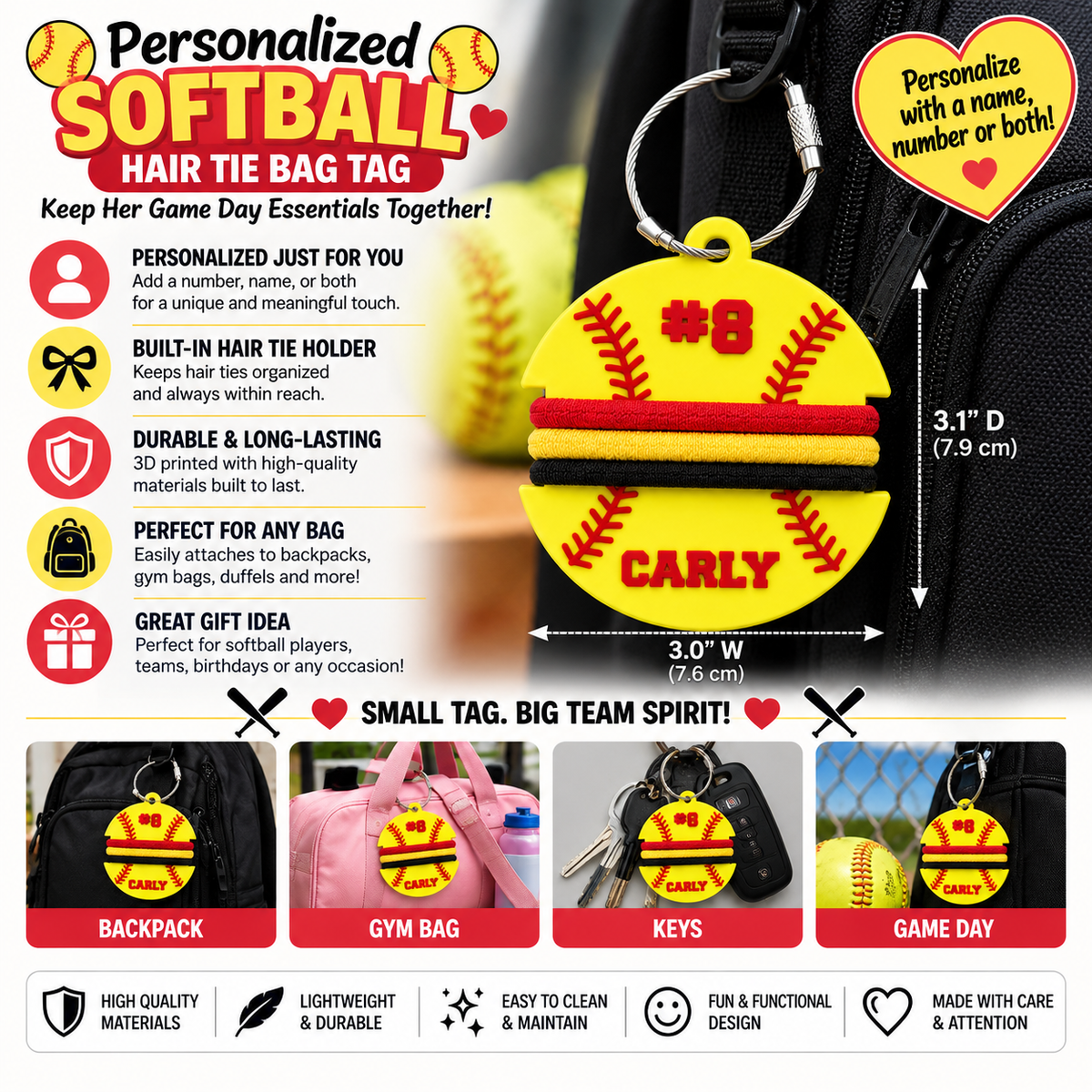 Personalized Softball Bag Tag with Hair Tie Holder — Custom Name & Number Keychain
