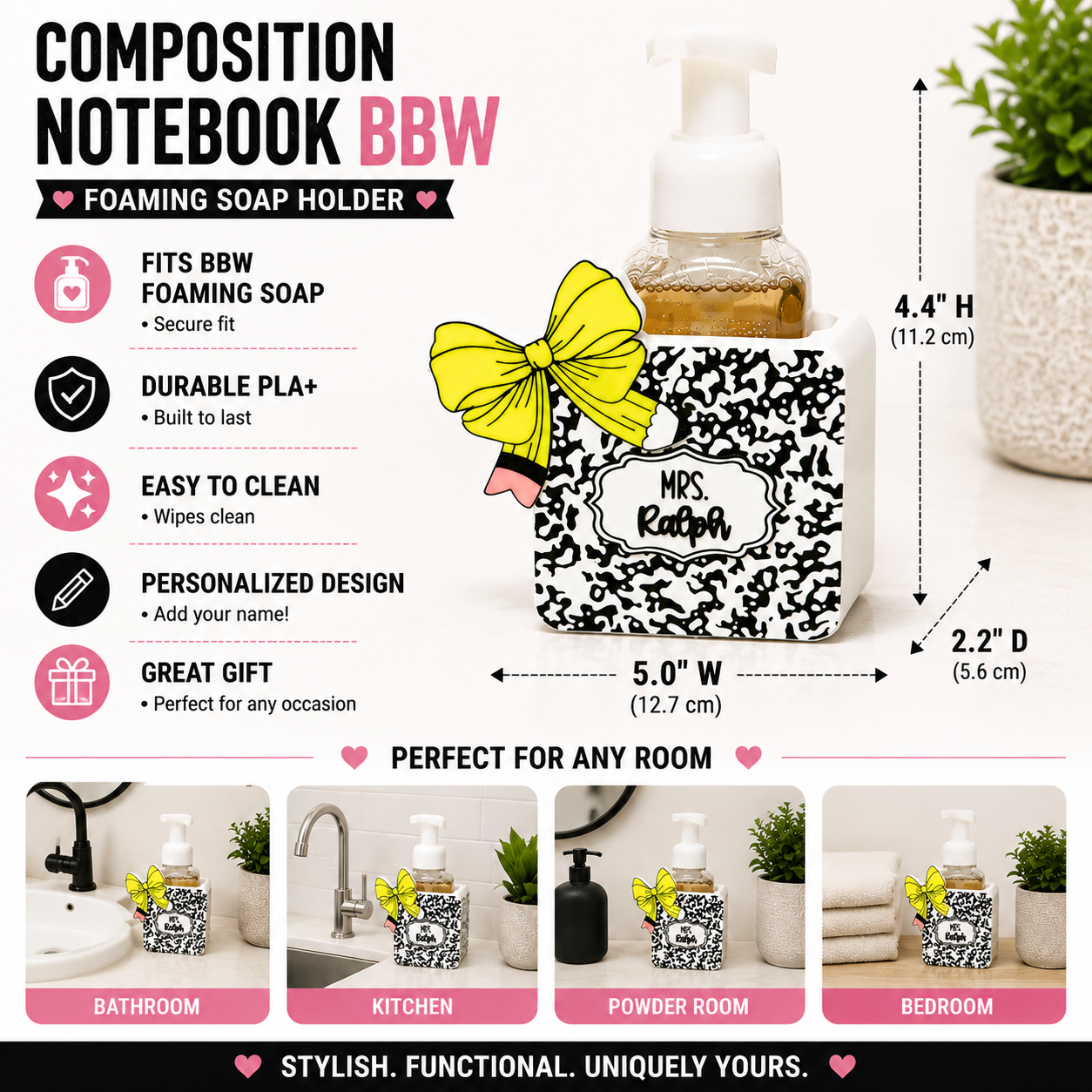 Personalized Teacher Composition Notebook Foaming Soap Holder – Cute 3D Printed Black White Marble Notebook with Custom Name – Bath and Body Works Foaming Soap Dispenser Stand – Teacher Appreciation Classroom Sink Decor – End of Year Back to School Gift