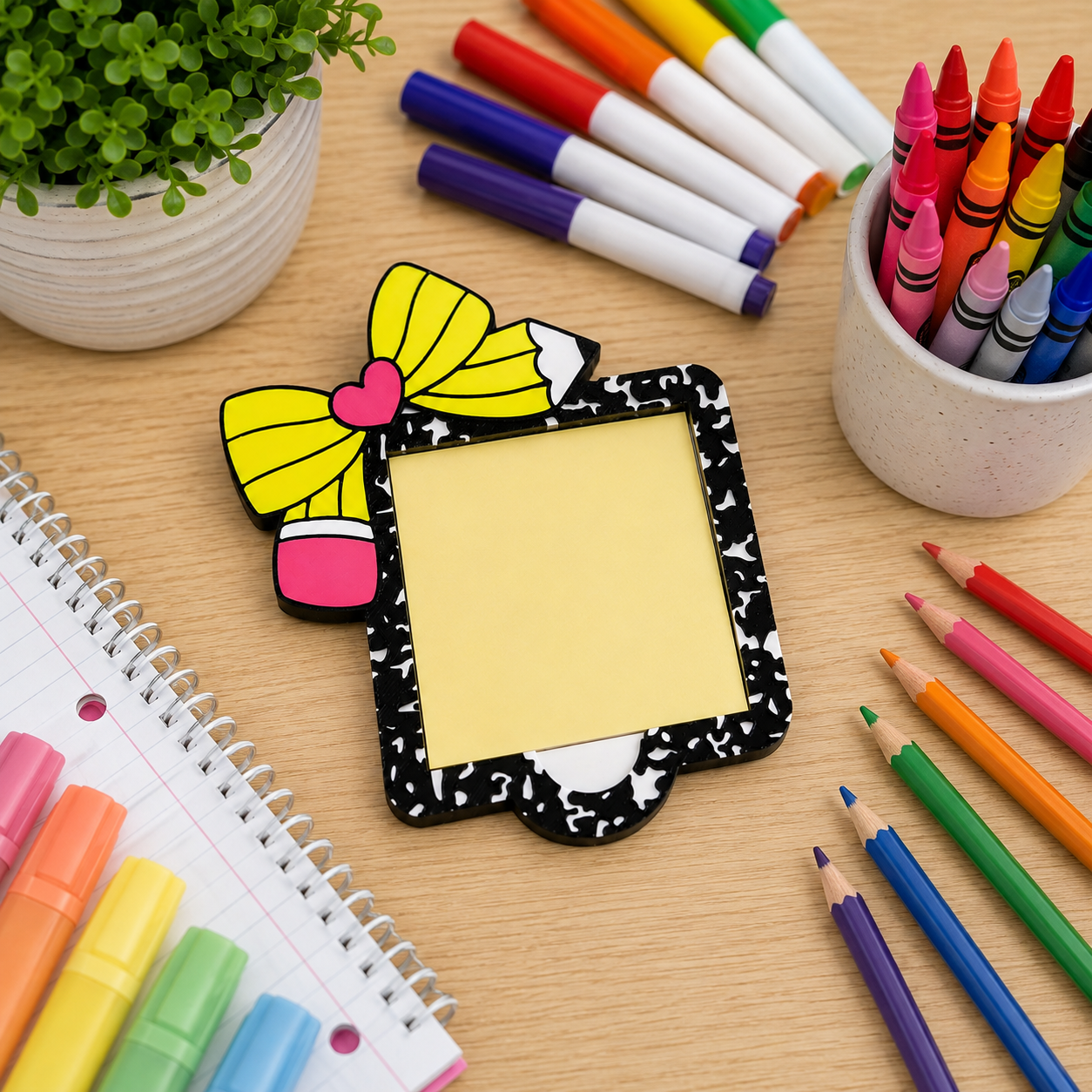 Composition Notebook Sticky Note Holder – 3D Printed Teacher Desk Organizer With Bow