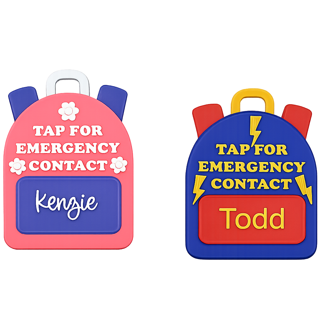 Personalized NFC Emergency Contact Backpack Tag for Kids & School Bags displayed on countertop