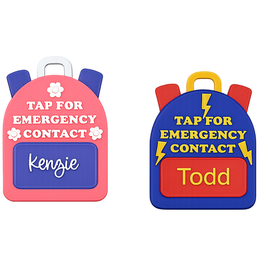Personalized NFC Emergency Contact Backpack Tag for Kids & School Bags displayed on countertop