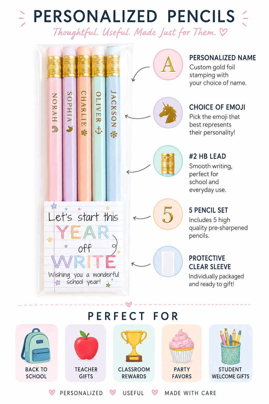 Personalized Pastel Pencils – Custom Name Foil Stamped School Supplies