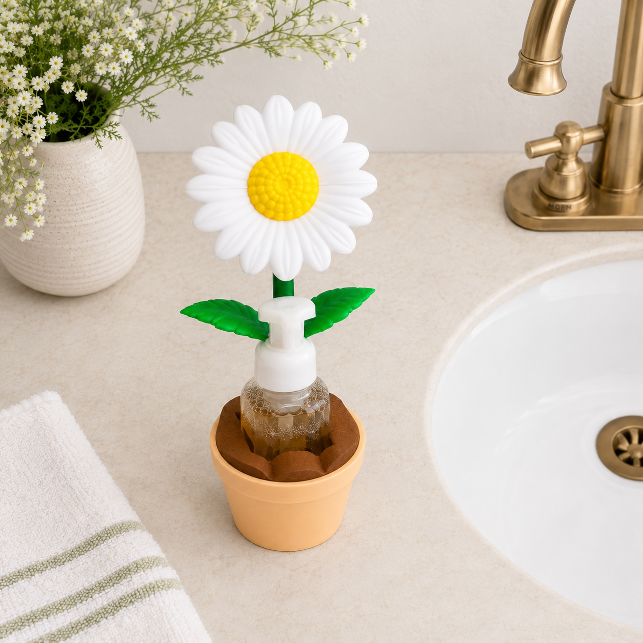 Daisy Flower Pot Foaming Soap Bottle Holder – Cute 3D Printed White Daisy in Terracotta Pot – Bath and Body Works Foaming Soap Dispenser Stand – Spring Floral Botanical Bathroom Kitchen Decor – Flower Garden Lover Gift