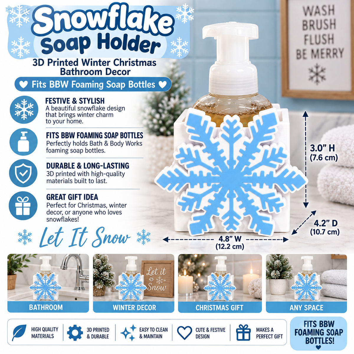 Snowflake Foaming Soap Bottle Holder – Cute 3D Printed White and Blue Crystal Snowflake – Bath and Body Works Foaming Soap Dispenser Stand – Winter Christmas Holiday Bathroom Kitchen Counter Decor – Snowflake Lover Seasonal Gift