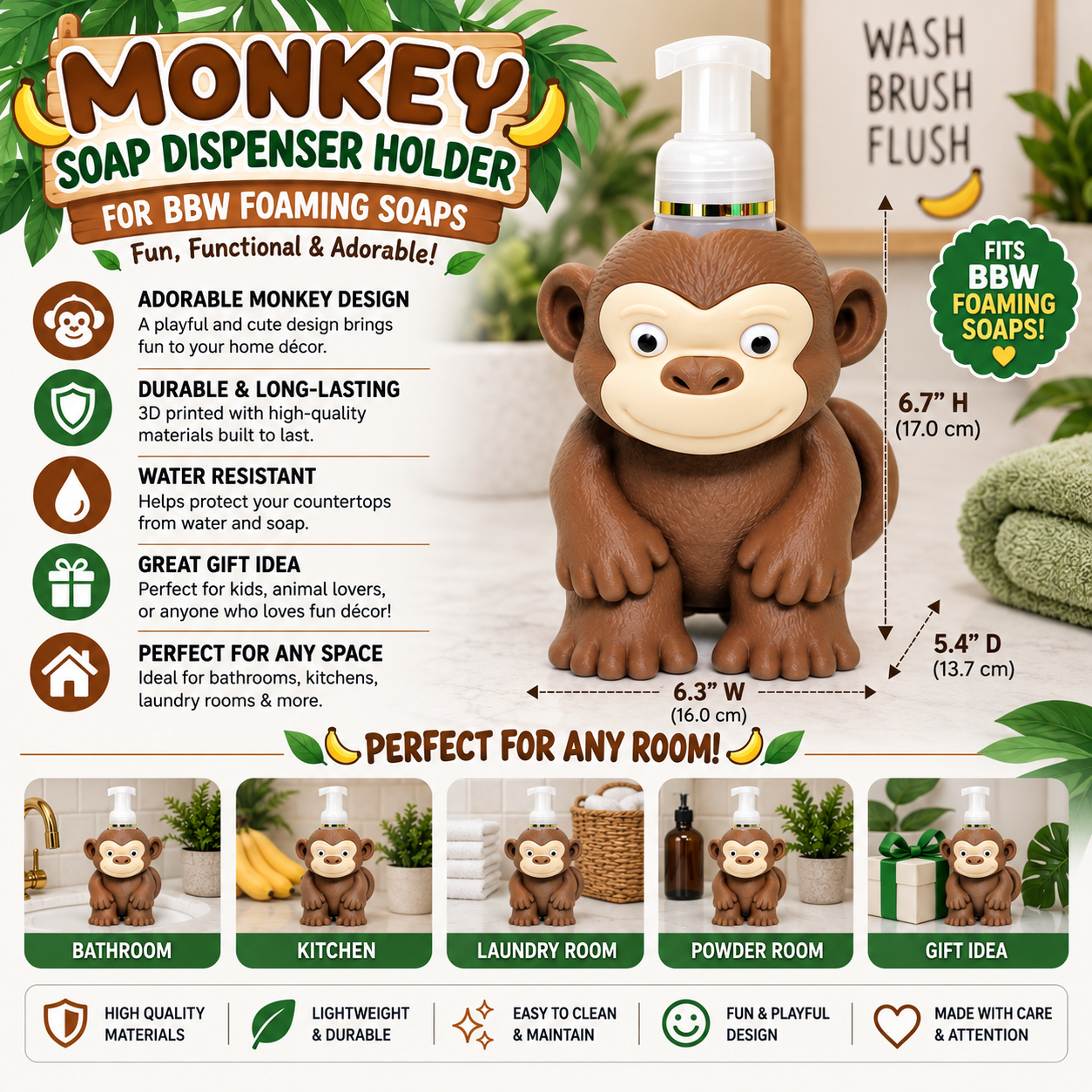 Cute Monkey Foaming Soap Holder — Jungle Animal Bathroom Decor for BBW Bottles