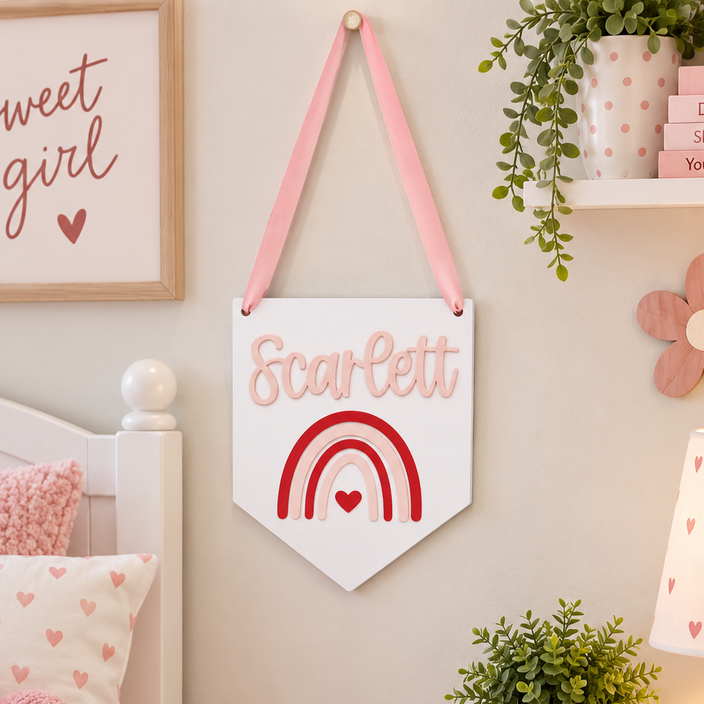 Personalized pink and red rainbow name pendant with heart accent for girls room, name Scarlett
