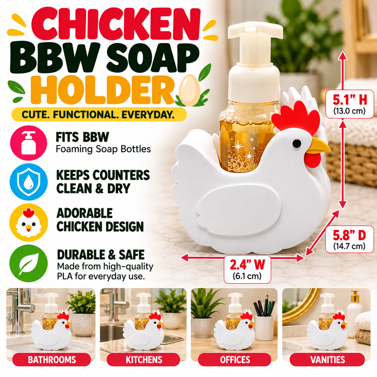 Chicken Foaming Soap Holder – Farmhouse Hen Bathroom & Kitchen Decor