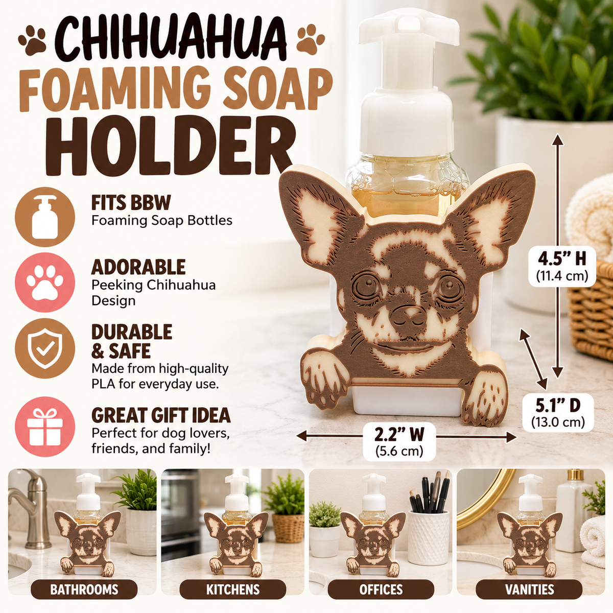 Chihuahua Foaming Soap Bottle Holder – Cute 3D Printed Two-Tone Brown Cream Peeking Chihuahua Face – Bath and Body Works Foaming Soap Dispenser Stand – Dog Breed Bathroom Kitchen Decor – Chihuahua Owner Pet Lover Gift
