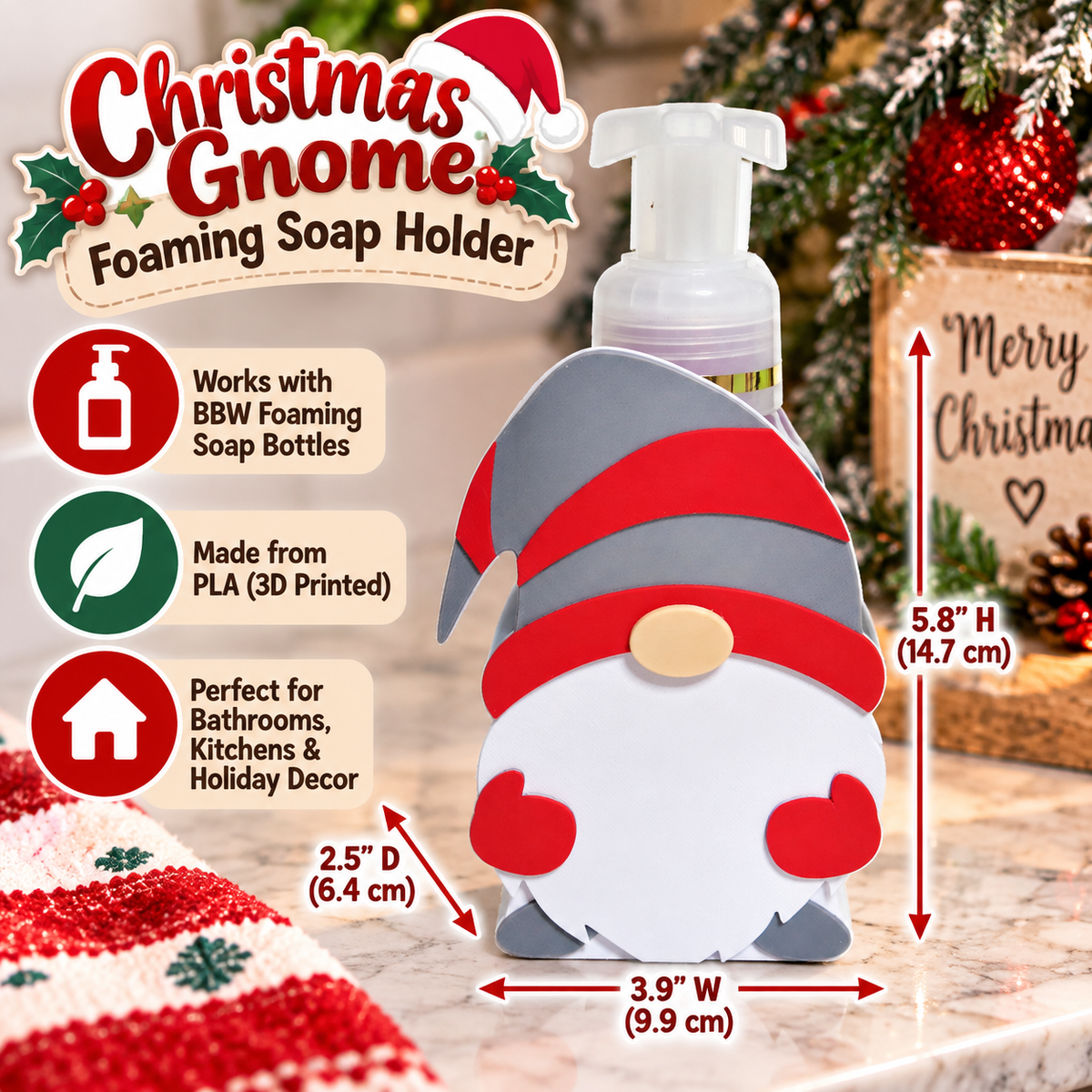 Christmas Gnome Foaming Soap Holder — Holiday Bathroom Decor for BBW Bottles