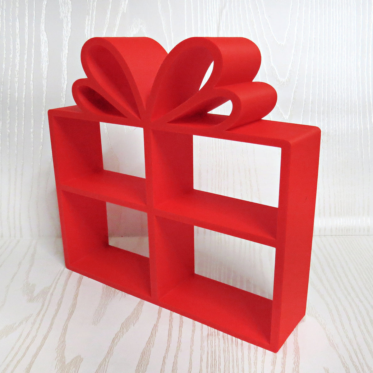Red Mini Present Shelf — Freestanding Gift Box Display Stand for Trinkets, Plants and Holiday Decor