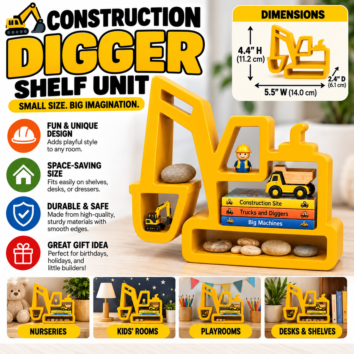 Construction Digger Shelf – 3D Printed Yellow Excavator Open Frame Trinket Organizer – Kids Room Playroom Bedroom Desk Decor – Construction Vehicle Display Stand – Boys Room Gift