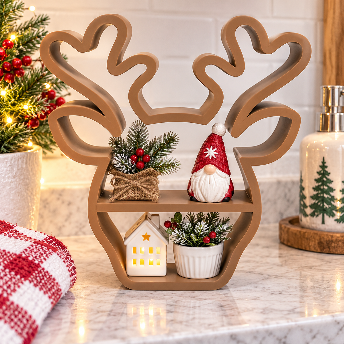 Brown Mini Reindeer Shelf — Freestanding Antler Display Stand for Trinkets, Plants and Holiday Decor