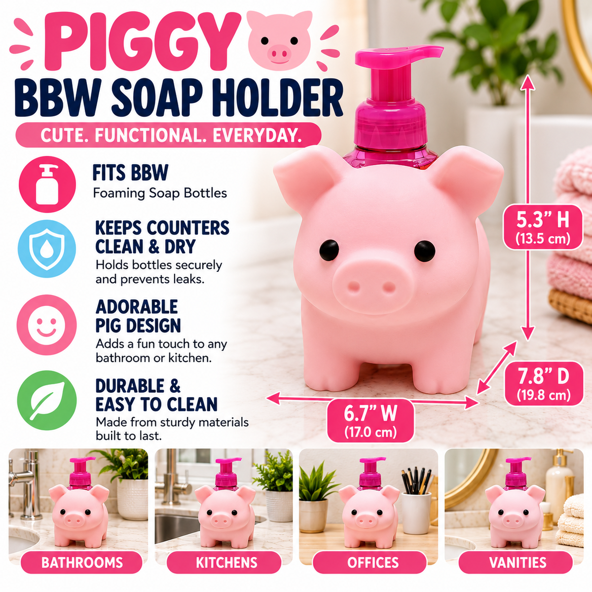 Pink Pig Foaming Soap Holder – Farmhouse Farm Animal Kitchen & Bathroom Countertop Decor – 3D Printed BBW Style Soap Stand