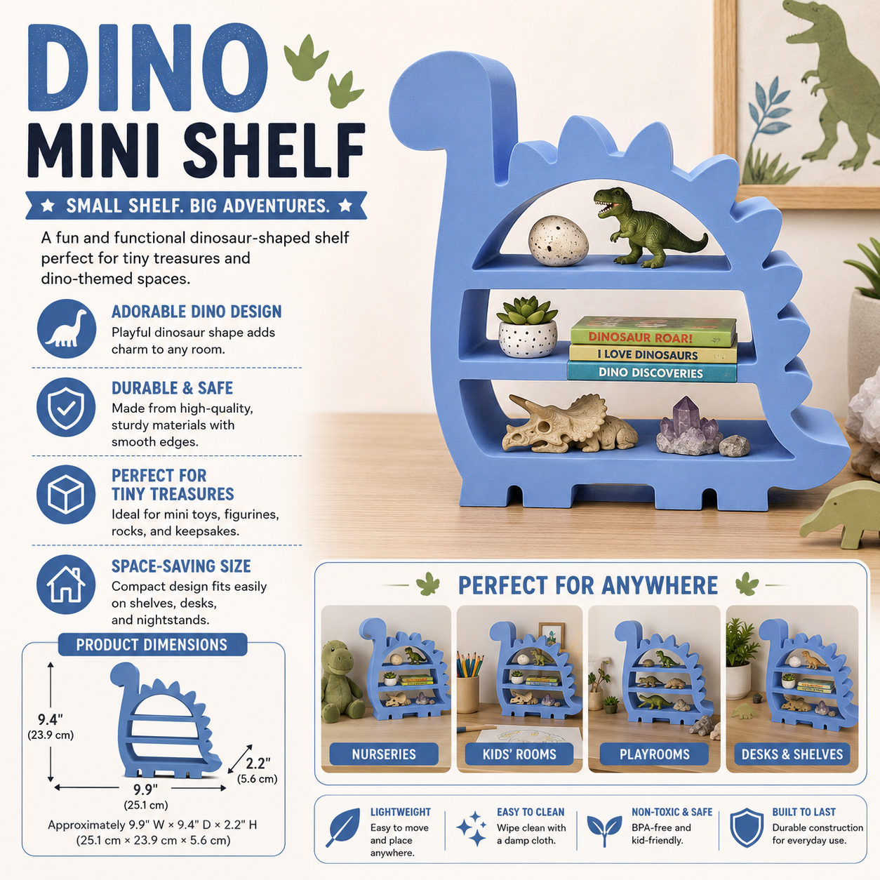 Dinosaur Shelf – 3D Printed Periwinkle Blue Brontosaurus Silhouette with Three Open Shelf Tiers – Freestanding Kids Room Playroom Trinket Organizer – Dino Theme Boys Girls Bedroom Decor – Dinosaur Lover Gift