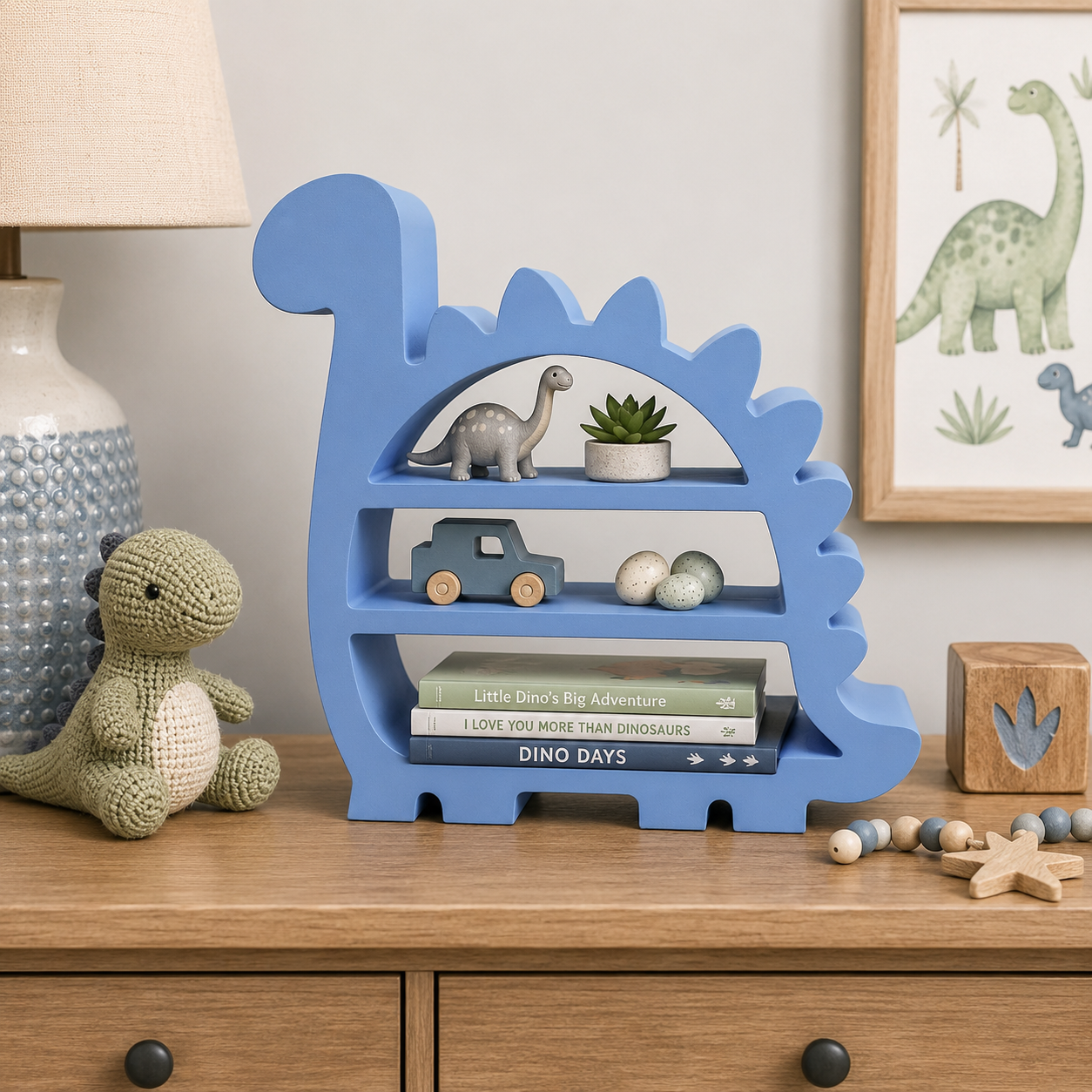 Dinosaur Shelf – 3D Printed Periwinkle Blue Brontosaurus Silhouette with Three Open Shelf Tiers – Freestanding Kids Room Playroom Trinket Organizer – Dino Theme Boys Girls Bedroom Decor – Dinosaur Lover Gift