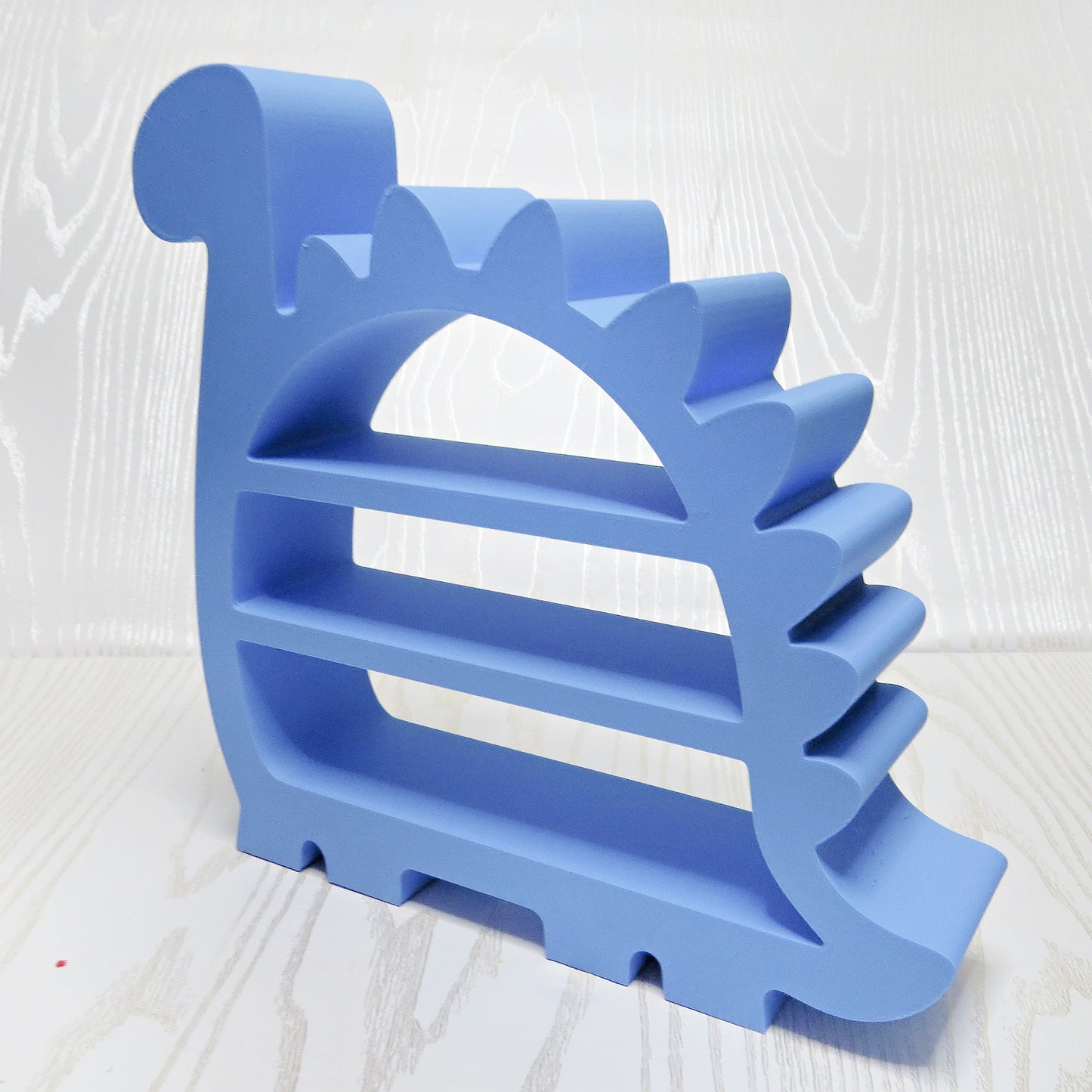 Dinosaur Shelf – 3D Printed Periwinkle Blue Brontosaurus Silhouette with Three Open Shelf Tiers – Freestanding Kids Room Playroom Trinket Organizer – Dino Theme Boys Girls Bedroom Decor – Dinosaur Lover Gift