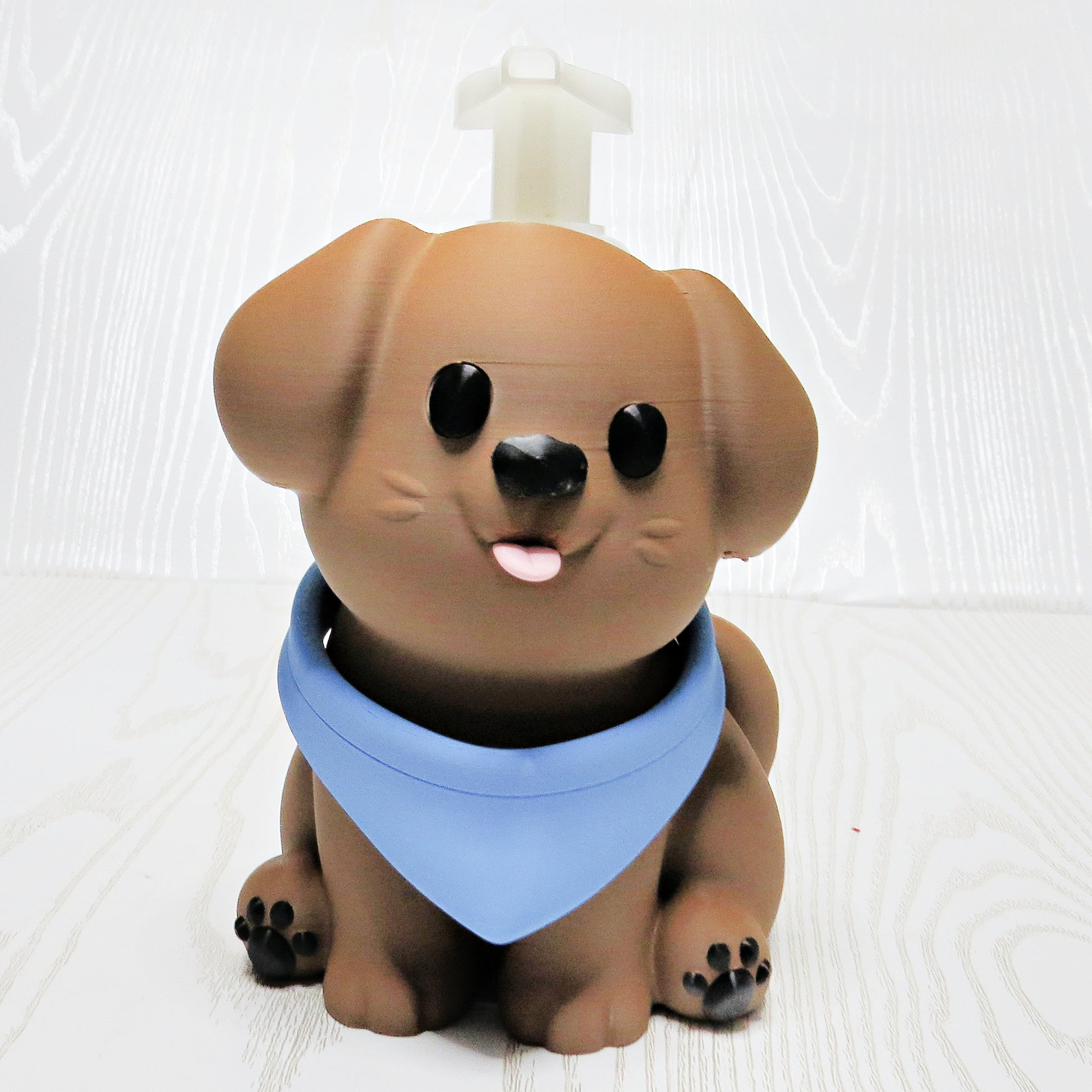 brown-3d-printed-puppy-dog-foaming-soap-holder-blue-bandana-pink-tongue-black-paws-bathroom-decor