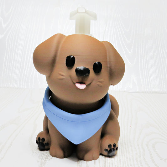 brown-3d-printed-puppy-dog-foaming-soap-holder-blue-bandana-pink-tongue-black-paws-bathroom-decor