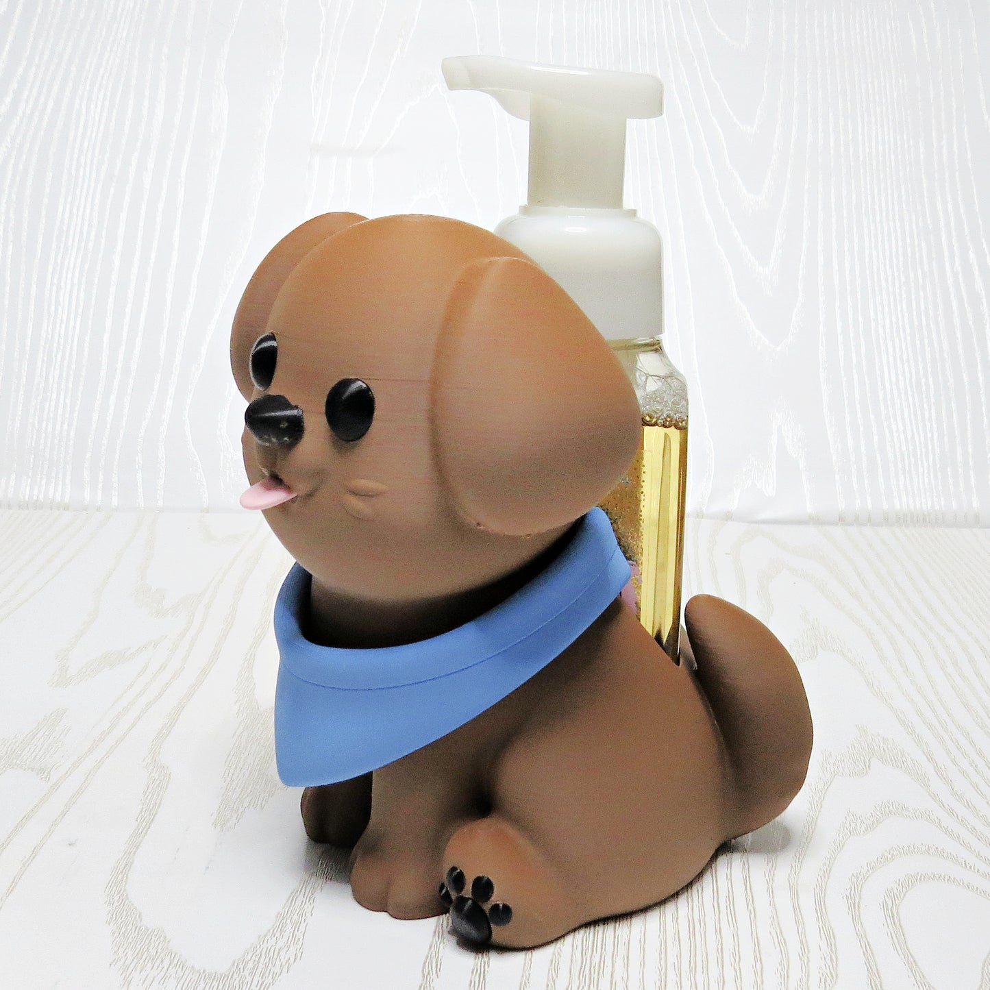 Dog Foaming Soap Bottle Holder – Cute 3D Printed Brown Puppy with Blue Bandana – Bath and Body Works Foaming Soap Dispenser Stand – Pet Lover Bathroom Kitchen Counter Decor – Dog Owner Gift