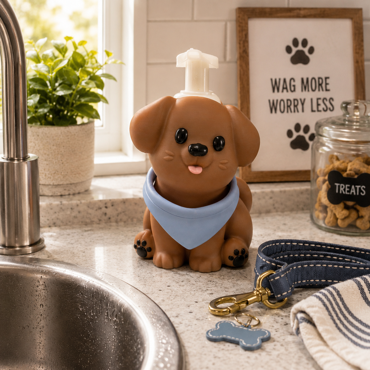 Dog Foaming Soap Bottle Holder – Cute 3D Printed Brown Puppy with Blue Bandana – Bath and Body Works Foaming Soap Dispenser Stand – Pet Lover Bathroom Kitchen Counter Decor – Dog Owner Gift