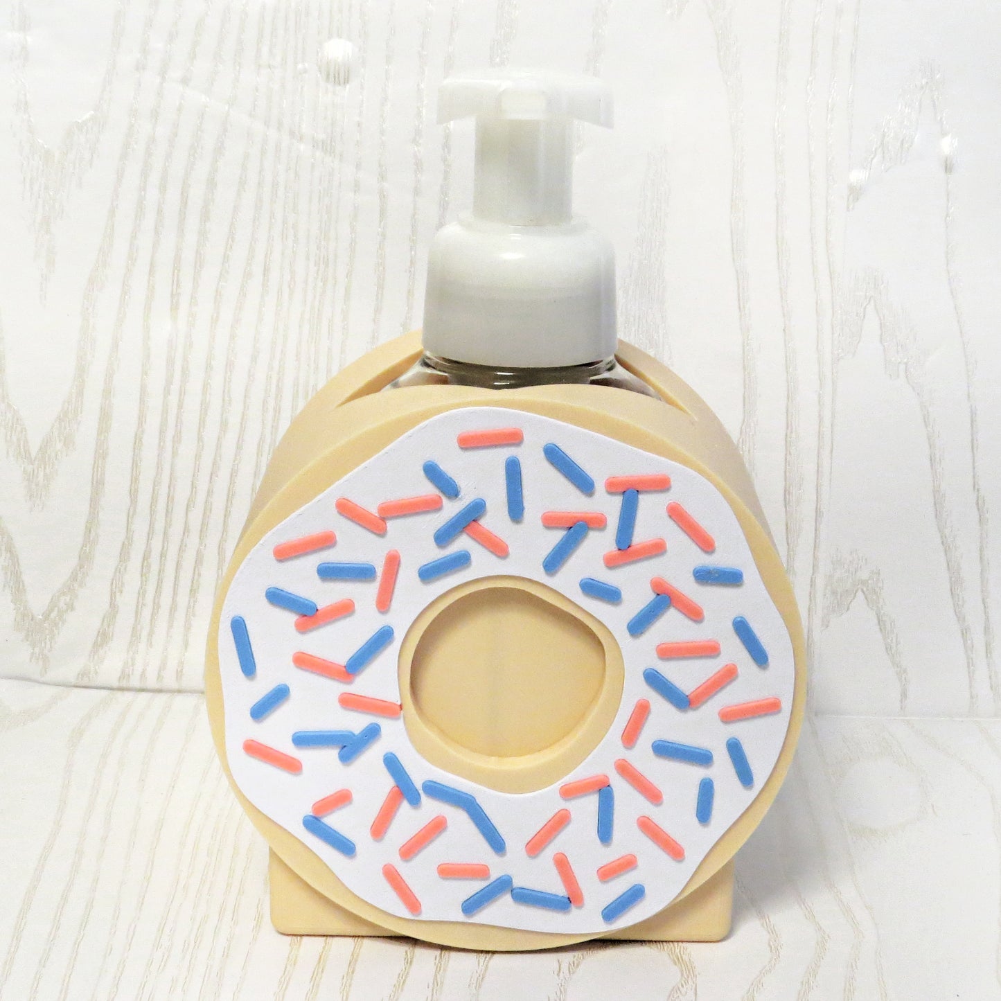 cream-3d-printed-frosted-donut-pink-blue-sprinkles-center-hole-foaming-soap-holder-kitchen-bathroom-food-themed-decor