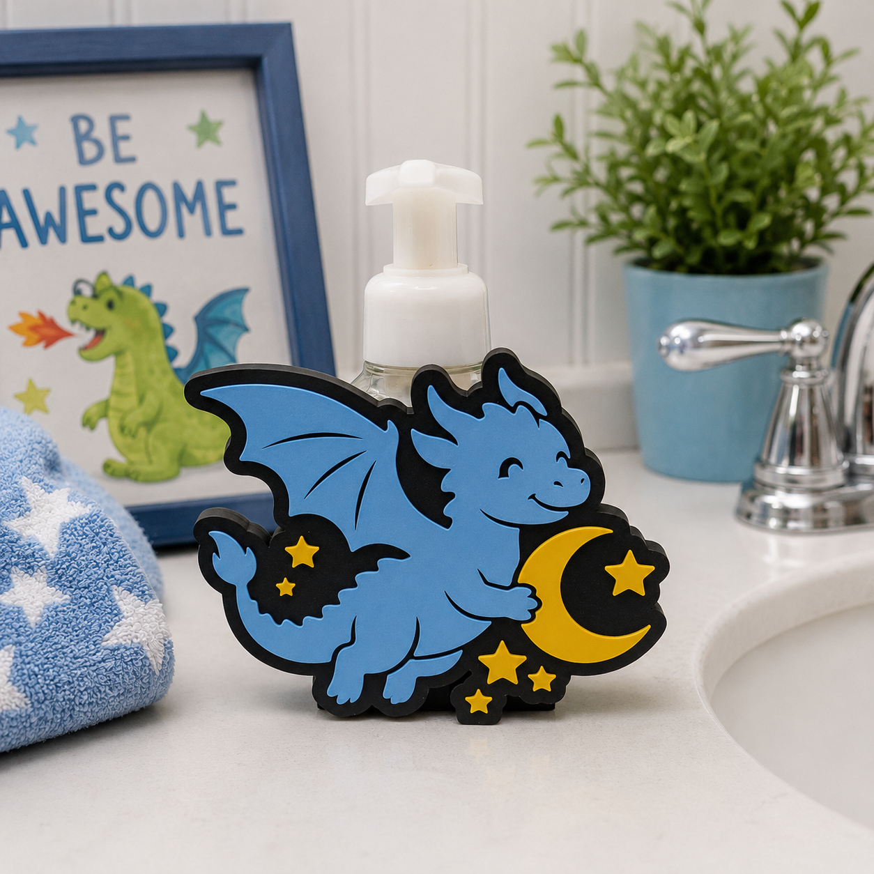 Dragon Foaming Soap Bottle Holder – Cute 3D Printed Blue Baby Dragon with Gold Moon and Stars – Bath and Body Works Foaming Soap Dispenser Stand – Fantasy Celestial Kids Bathroom Bedroom Decor – Dragon Lover Magical Gift