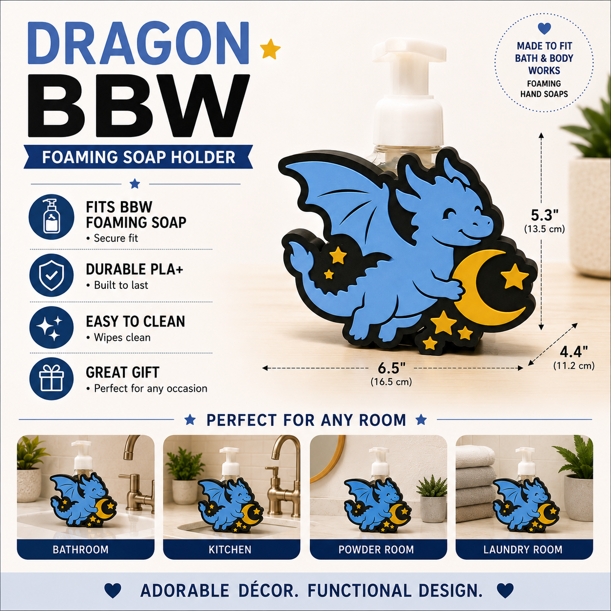 Dragon Foaming Soap Bottle Holder – Cute 3D Printed Blue Baby Dragon with Gold Moon and Stars – Bath and Body Works Foaming Soap Dispenser Stand – Fantasy Celestial Kids Bathroom Bedroom Decor – Dragon Lover Magical Gift