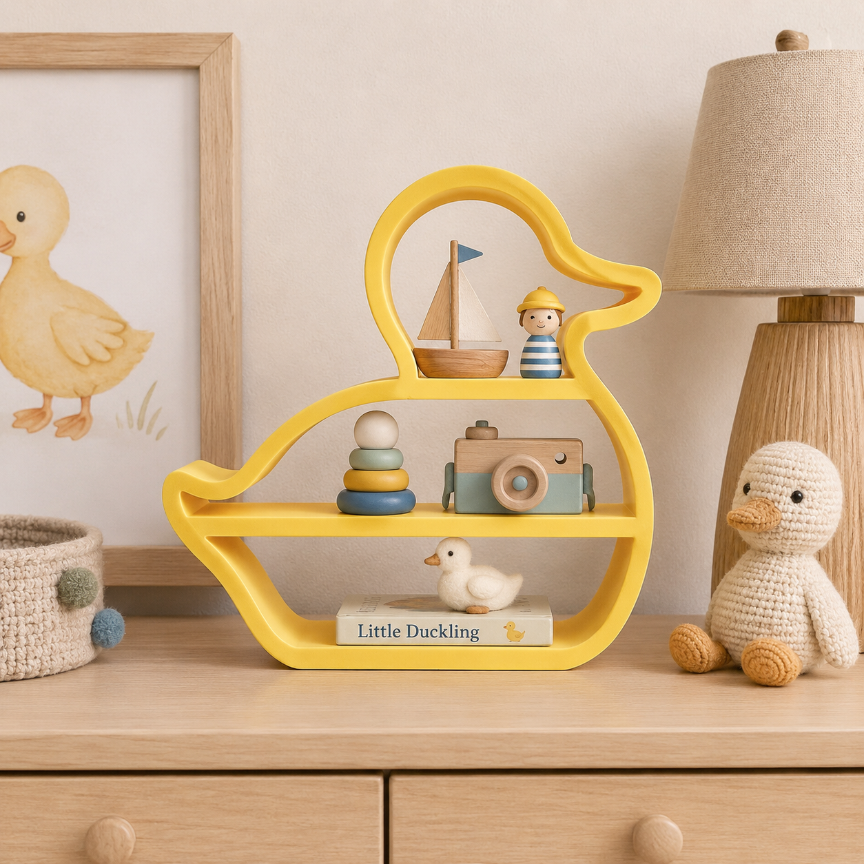 Duck Mini Shelf – 3D Printed Yellow Rubber Duck Silhouette with Three Open Shelf Tiers – Freestanding Kids Room Nursery Bathroom Trinket Organizer – Duck Lover Baby Shower Gift